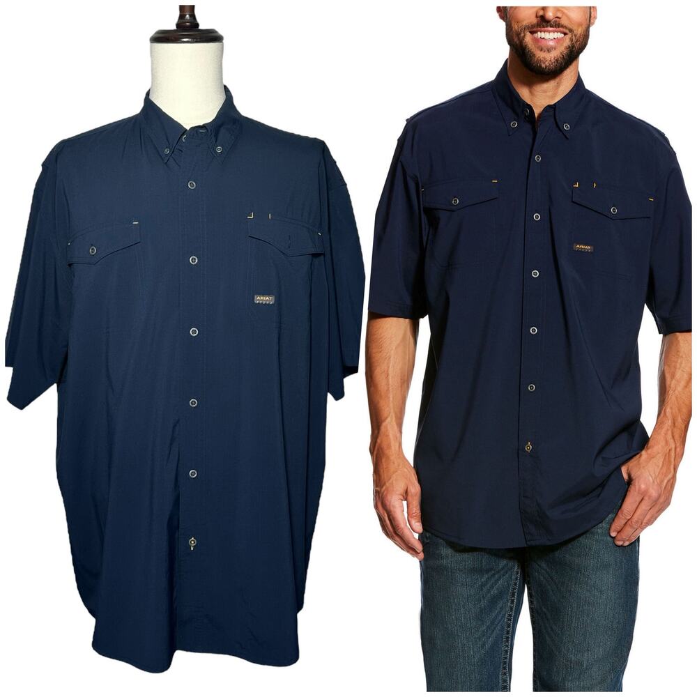 Ariat | Men | Rebar Made Tough Navy Vented SS Button Up Work Shirt | Size XXL